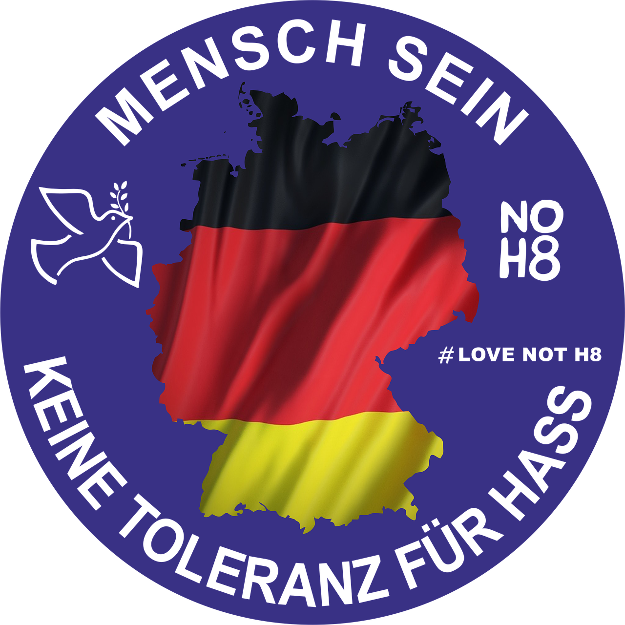 Grafik einer Deutschlandkarte mit der deutschen Flagge und dem Text 'Mensch sein, keine Toleranz für Hass'.