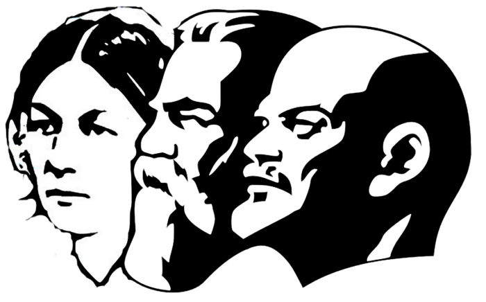 Schwarz-weiß Porträt von Karl Marx, Friedrich Engels und Rosa Luxemburg in Profilansicht.