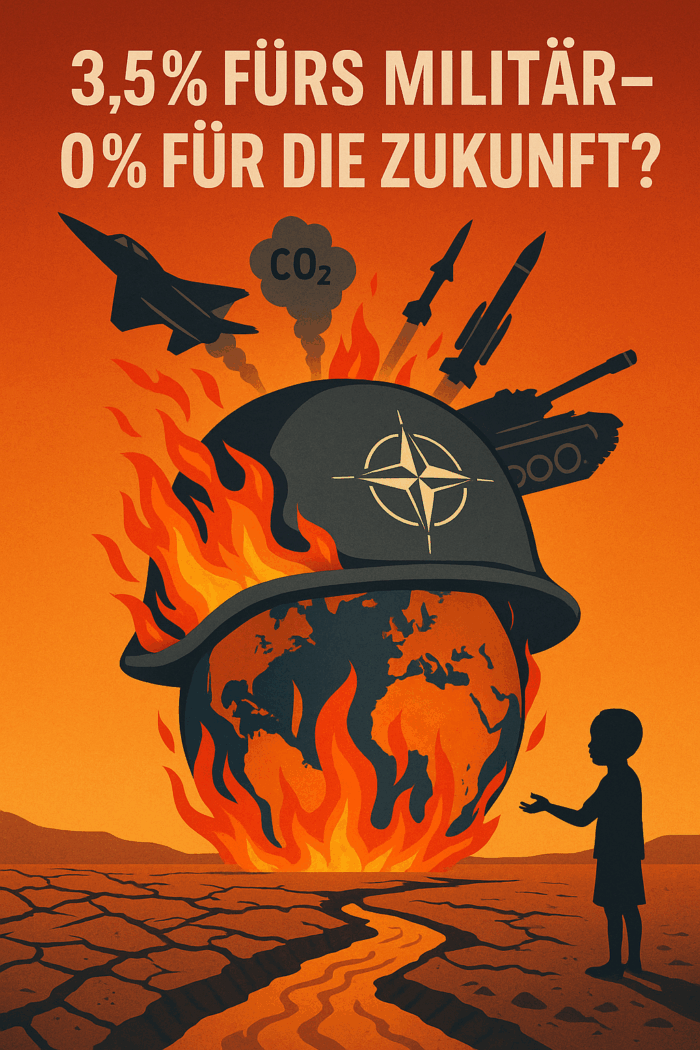 Grafik mit einem brennenden Globus und einem NATO-Helm, umgeben von militärischen Symbolen und einem Kind.