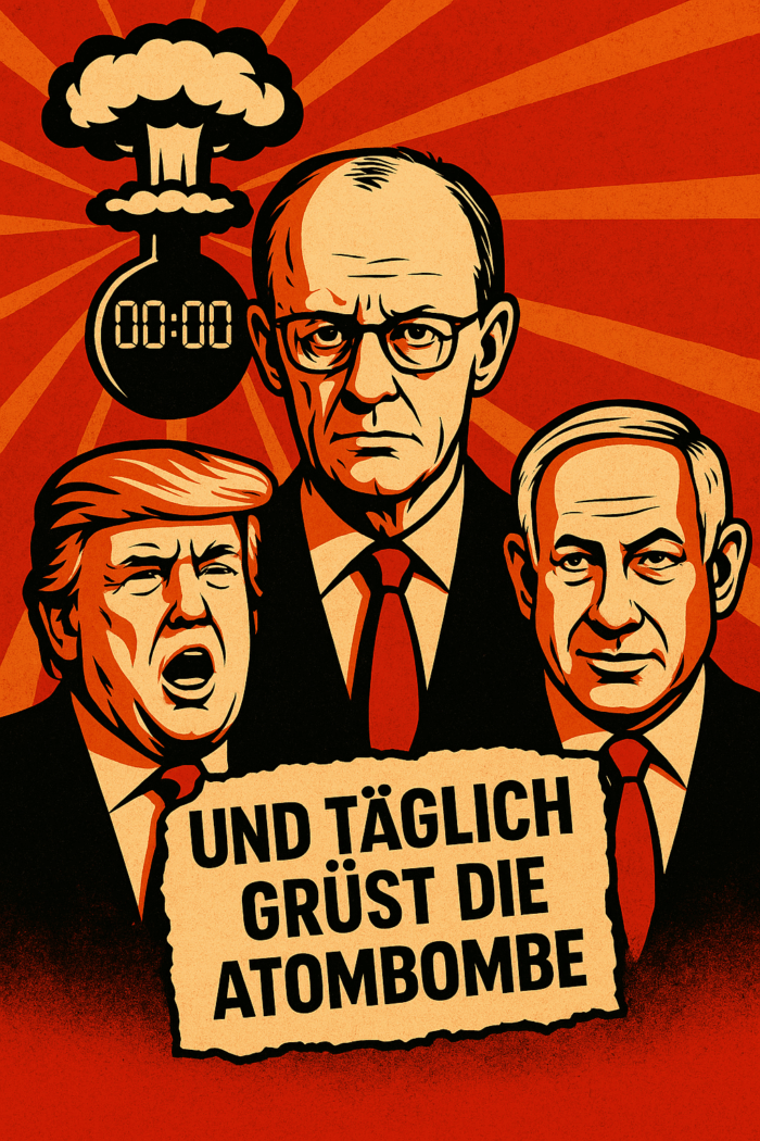 Illustration von drei Männern in Anzügen mit einer Uhr und einer Explosion im Hintergrund.