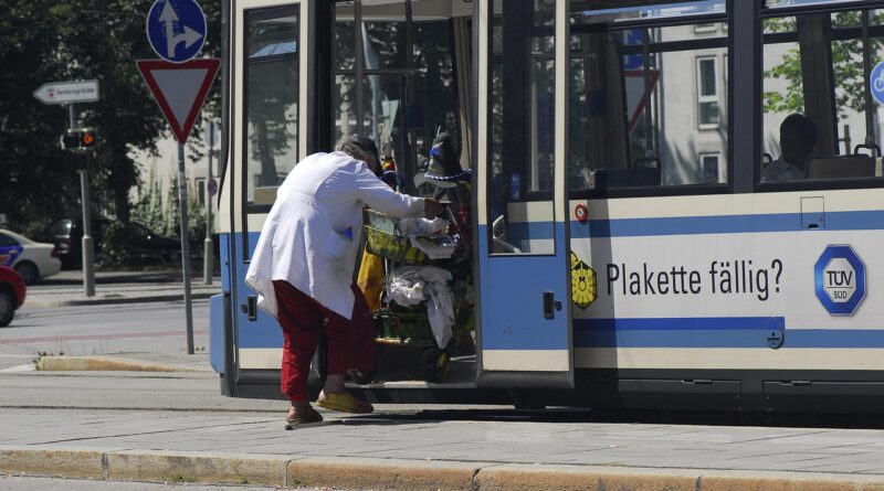 tram, homeless man, homeless, man, people, poverty, poor, social problems, hunger, unemployed, dirty, old, hungry, ill, mobile, mobility, possession, city, homelessness, traffic, munich