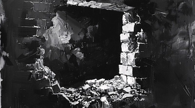 ai generated, brick, wall, ruins, hole, black-and-white, detailed, debris, crumbling, texture, painting, damage, fragmented, rugged, structure, desolate, decay, broken, masonry, artwork, breach, graphic, stark, artistic, destruction, architecture