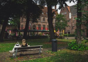 A person sitting on a bench in a park
